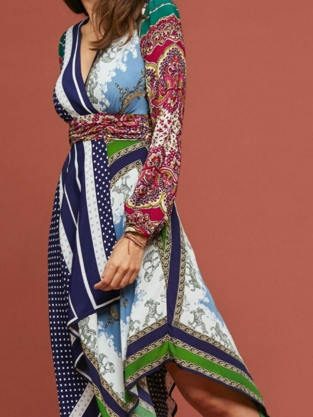Anthropologie Mixed-Print Asymmetrical Wrap Dress in Navy, Green & Burgundy